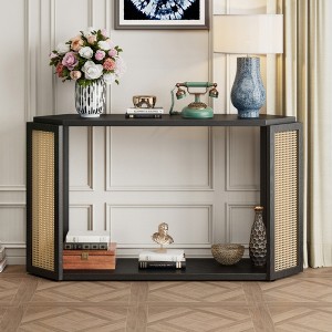KIGFTSOD Narrow Console Table - Unique Irregular Top, Open Shelf & Rattan Design, Entryway/Sofa Table for Living Room, Hallway & Entrance, Black - 1 of 4