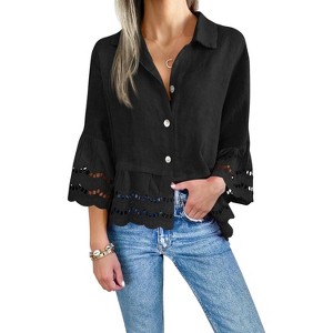 Imily Bela Womens 3/4 Bell Sleeve Eyelet Button Down Shirt Casual Ruffle Hem Blouse - 1 of 4