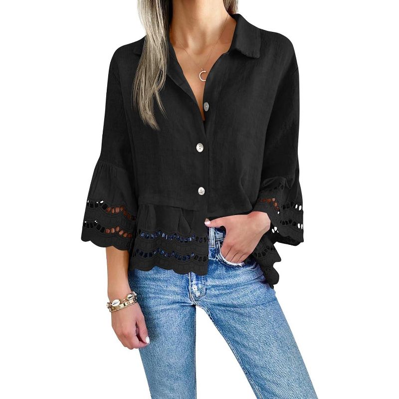Imily Bela Womens 3/4 Bell Sleeve Eyelet Button Down Shirt Casual Ruffle Hem Blouse Black L