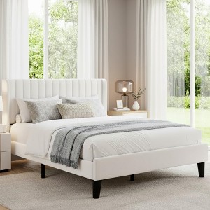 Velvet Bed Frame with Wingback Headboard & Storage, Queen Size Platform Bed with Vertical Channel Tufted, No Box Spring Needed, Beige - 1 of 4
