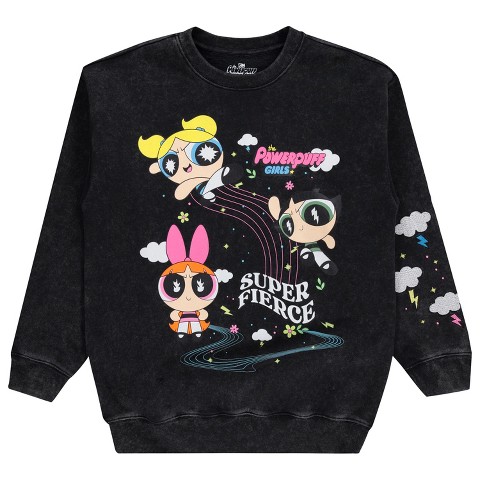 The Powerpuff Girls Ladies Powerpuff Girls Tiedye Sweatshirt - Powerpuff Girls Crewneck Sweatshirt - Blossom Bubble and Buttercup Sweatshirt (Black Wash, Large)