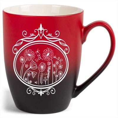 Elanze Designs Flowers in Circle Two Toned Ombre Matte Red and Black 12 ounce Ceramic Stoneware Coffee Cup Mug