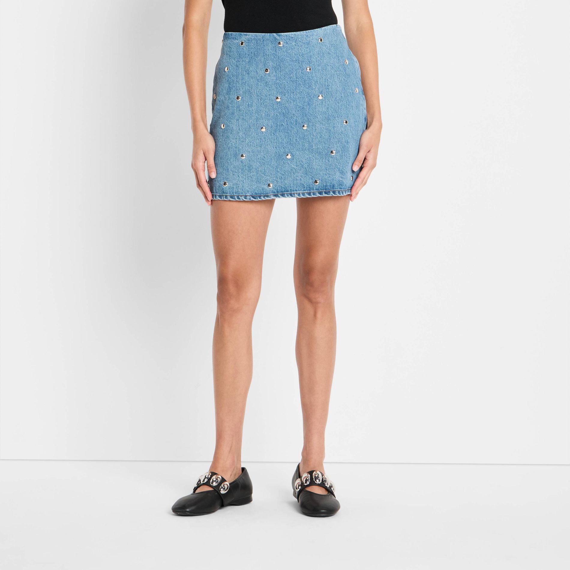 Women's Denim Studded Mini A-Line Skirt - Future Collective Blue Denim