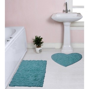 Bell Flower Collection Tufted Bath Rugs, Extra Soft and Absorbent, Non-Slip Bath Mats, Machine Washable Bathroom Mats, 2 Piece Set with Heart, Blue - 1 of 4