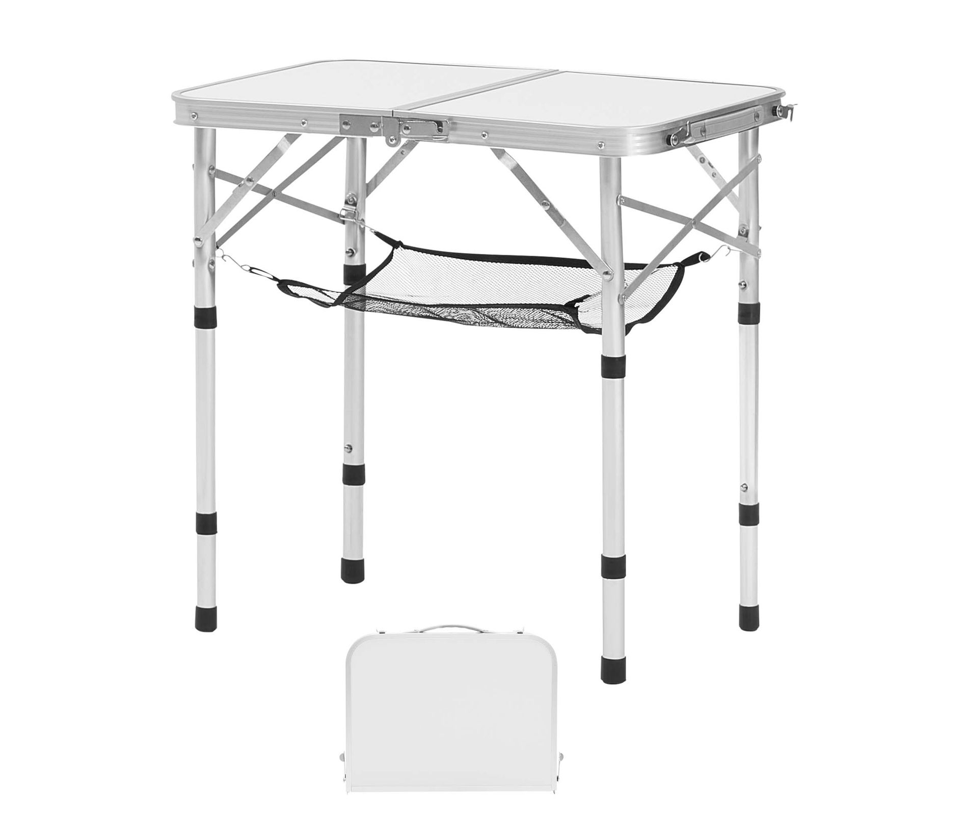 VEVOR Folding Camping Table, Adjustable Height Portable Side Tables, Aluminum MDF Beach Table with Mesh Layer, Carrying Handle, 24x16in, Silver