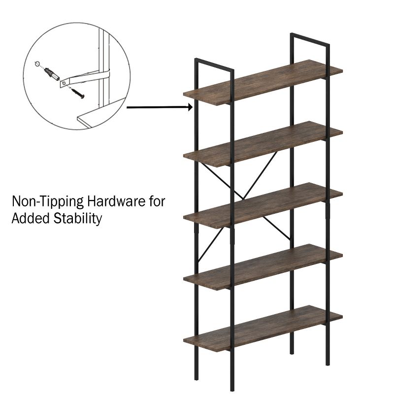 Lavish Home 5-Tier Freestanding Bookshelf – Open Industrial Style Etagere Wooden Shelving, Brown Woodgrain, 4 of 9