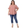 Women's Plus Size Gingham 1950s Vintage Back Button Crew Neck Ruffle Sleeve Hem Casual Plaid Blouses - Agnes Orinda - 3 of 4