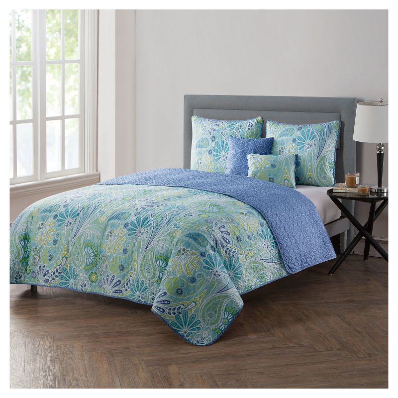 Queen Harmony Reversible Paisley Quilt Set Blue - VCNY, 1 of 10
