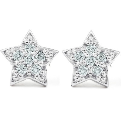 Pompeii3 14K White Gold Diamond Pave Petite Star Studs Dainty High Polished 6.5MM