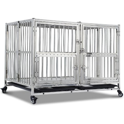 Furniture Dog Crate with Pull-Out Bowls, Wood Dog Kennel End Table with Wheels & Flip-Top, Indoor Pet House for Small to Medium Dogs/Cats
