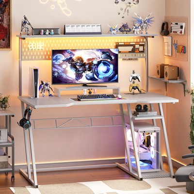 Aheaplus Gaming Desk with Hutch and LED Lights, Computer Table with Storage Shelves