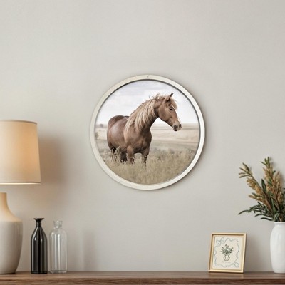 Sepia Toned Horse Pasture 20" x 20" Round White Framed Print