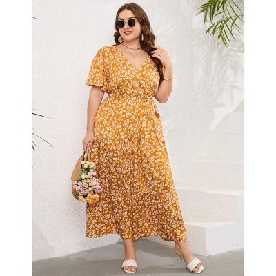 Women Plus Size Maxi Dress V Neck Summer Dress Short Sleeve Long Dress High Waist Ruffle Casual Dress with Belt