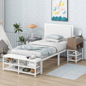 Whisen Twin Metal Bed with Two-Tier Storage Shelves and Wooden Storage Cabinet - 1 of 4