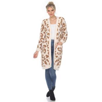 Women's Leopard Print Open Front High Pile Fleece Coat - White Mark
