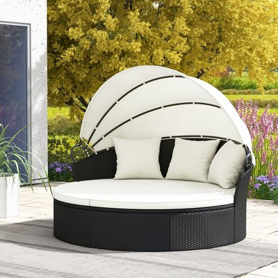 Patio Sofa Round Daybed Wicker Rattan Furniture Retractable Canopy