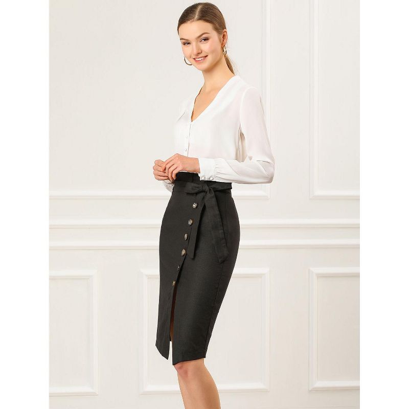 Allegra K Women's Vintage Button Decor Belted Split Front Knee Length Pencil Skirt, 5 of 7