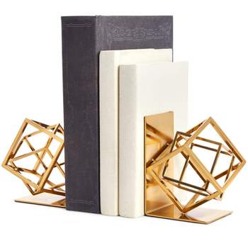 Juvale Decorative Gold Bookends with Square Metal Geometric Design, for Books, Magazines, Journals, Slip-Resistant Pads (5x6x3 in)