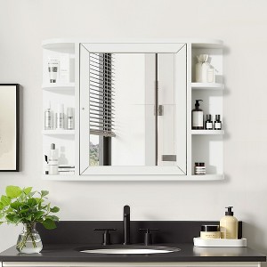31 x 23 Inch White Wooden Mirror Cabinet Bathroom Vanity Mirror With Adjustable Shelves - 1 of 4