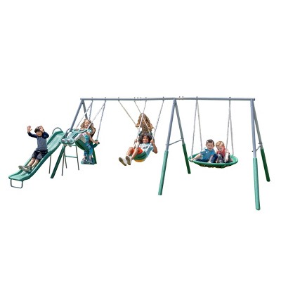 Rochester Green Metal Swing Set with Slide and Glider