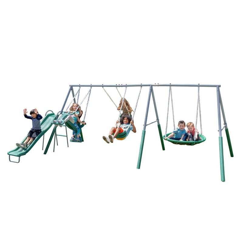 The Swing Company Rochester Metal Swing Set with Roman Glider Saucer Swing and 5&#39; Slide, 5 of 12