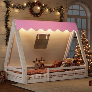 KWPZQEB House Shape Montessori House Bed, Wood Floor Bed with Tent & Light, Cute Bed Frame with Full-length Guardrails for Kids, No Box Spring Needed - 1 of 4