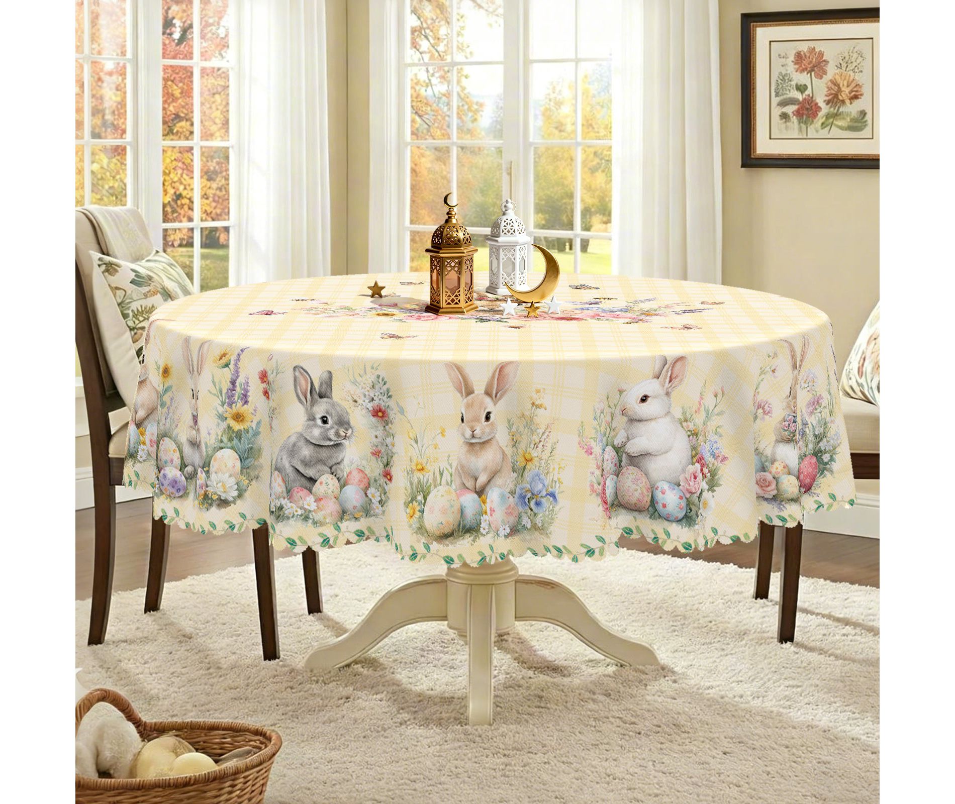 Easter Tablecloth Round, Easter Rectangle Table Cloth with Bunny and Eggs, Kitchen Table Cover for Dining Room Decor