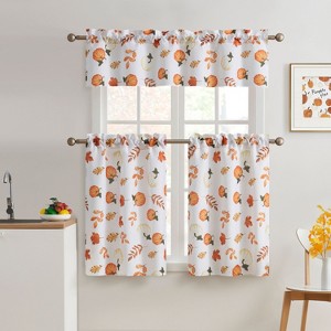 Kate Aurora 3 Piece Thanksgiving Autumn Harvest Pumpkins & Leaves Kitchen Curtain Tier & Valance Set - 1 of 3