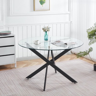 Glass Top Dining Table with Cross Metal Legs, Round/Square Kitchen Table for 4-6 - ModernLuxe