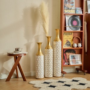 Grungis Set of 3 White & Gold Textured Metal Flower Vases,33.86", 29.3", 24.6" Tall Irregular Decorative Vases for Glam Home Decor,Gold+White - 1 of 4