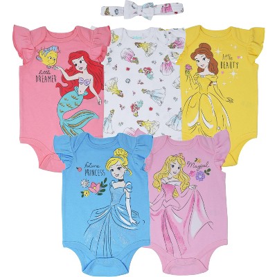 Disney Princess Cinderella Belle Aurora Ariel Baby Girls 5 Pack Bodysuit Headband Set 6-9 Months