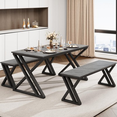 Kitchen Dining Set with Benches, 44.8" Kitchen Table Set for 4, Sturdy Metal Kitchen Table Set with X Metal Frame
