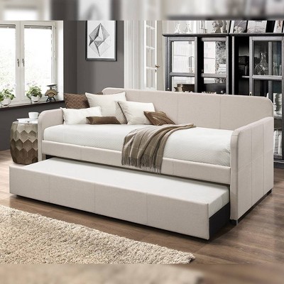 Beige Twin Upholstered Wood Frame Daybed with Trundle
