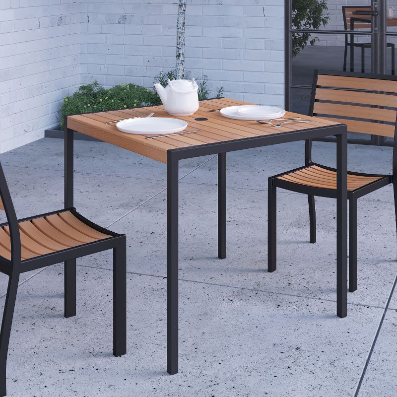 Merrick Lane 35" Square Faux Teak Outdoor Dining Table with Powder Coated Steel Frame and Umbrella Hole, 4 of 12