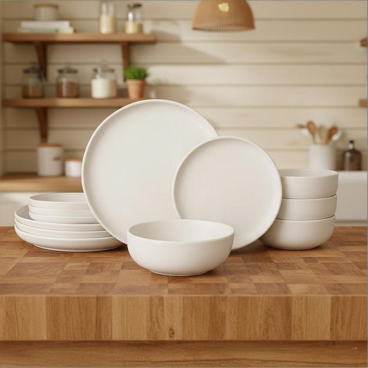 GreenElevate Porcelain Elegance 12-Piece Dinnerware Set for 4, Plates&Bowls, Microwave & Dishwasher Safe, Non-Toxic Matte Glaze, Stackable Kitchenware