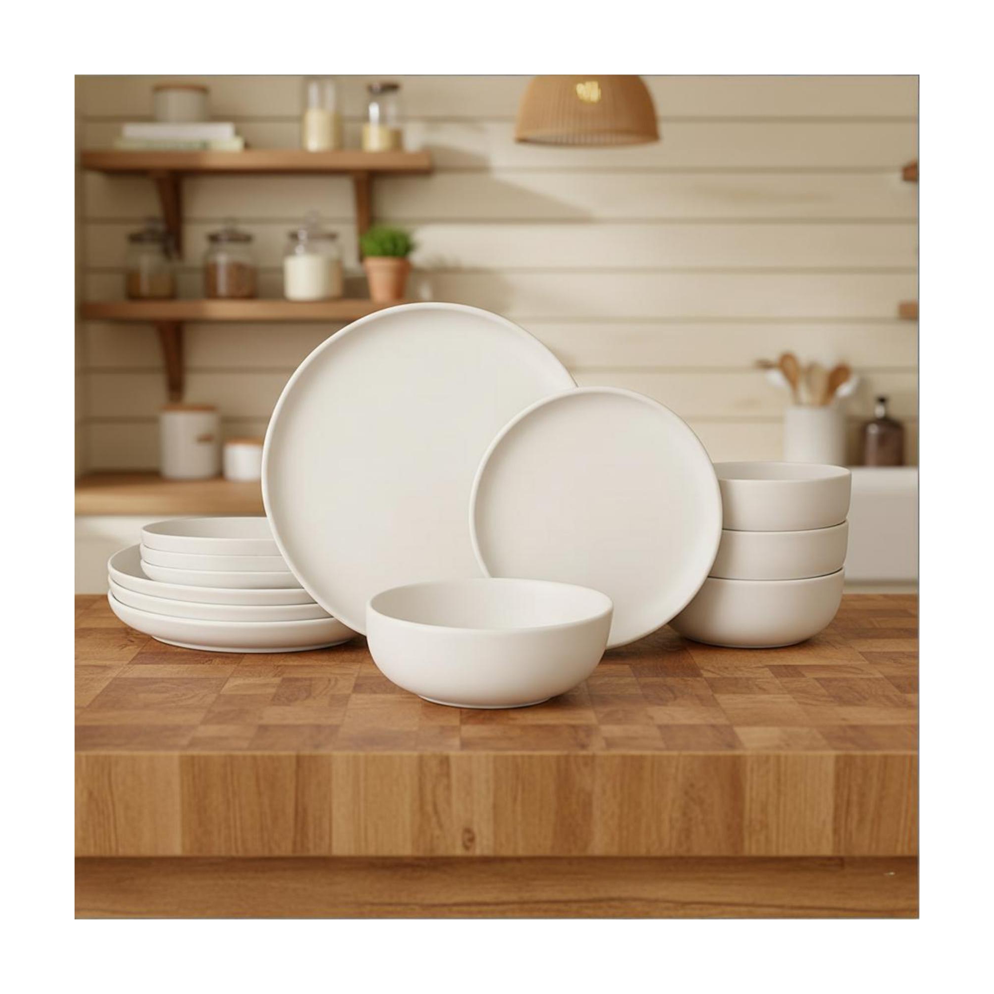 GreenElevate Porcelain Elegance 12-Piece Dinnerware Set for 4, Plates&Bowls, Microwave & Dishwasher Safe, Non-Toxic Matte Glaze, Stackable Kitchenware