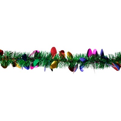 50' Green Tinsel Garland with Multicolor Light Bulb Accents