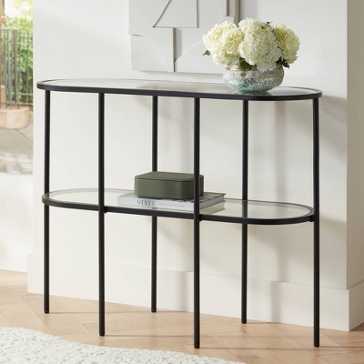 Remy Black Metal Oval Console Table with Clear Glass Shelves and Storage