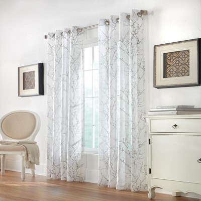 White Polyester Light Filtering Grommet Curtain Panel with Branch Motif