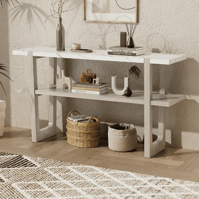 Wooakway Retro Console Table With 2-Tier Open Storage Shelf, Sofa Table, Narrow Entryway Table With Marble-Effect Top For Hallway, Living Room
