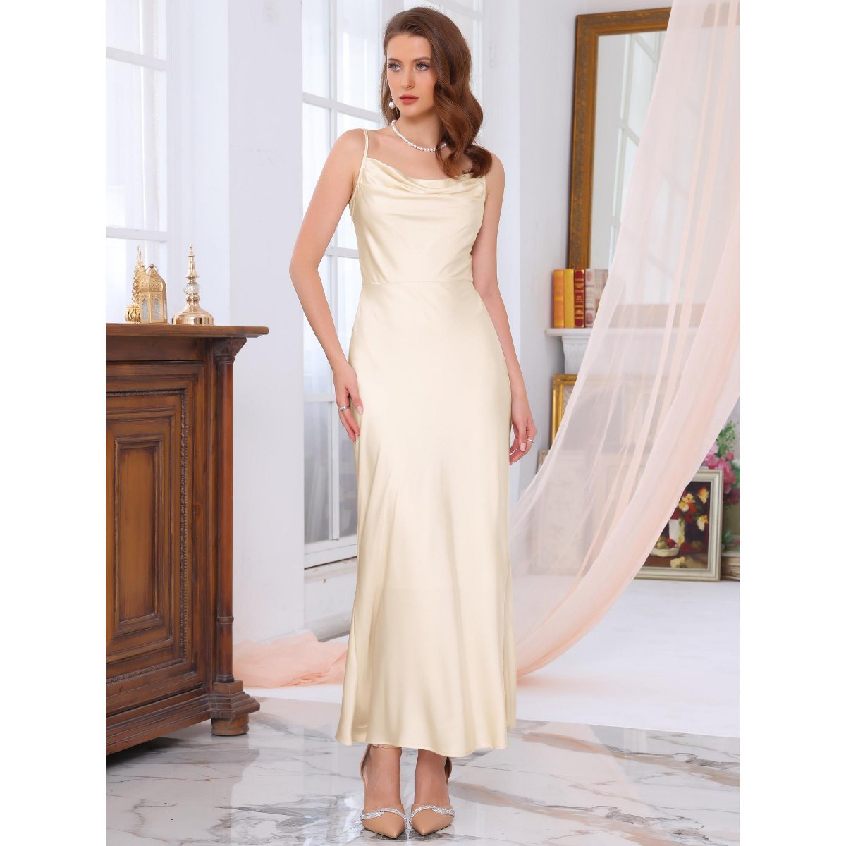 Женские платья INSPIRE CHIC Women's Satin Spaghetti Strap Cowl Neck Ruched Evening Cocktail Sleeveless Midi Dresses Medium Champagne — фото 3