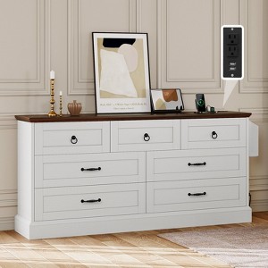 59inche Wide Farmhouse 7 Drawers Dresser Wood Rustic Drawers with Nice Texture Vintage Design Storage Dressers Organizer White - 1 of 4