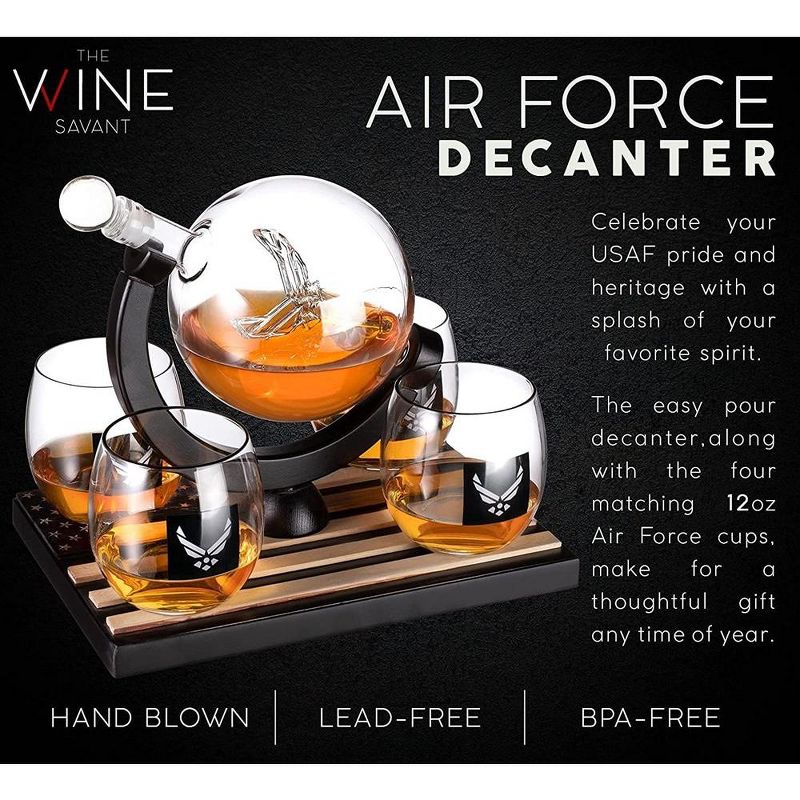 The Wine Savant Airforce Globe Design Whiskey & Wine Decanter Set Includes 4 Airforce Whiskey Glasses & 9 Whiskey Stones - 850 ml, 2 of 7