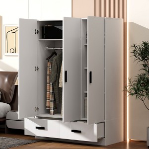 TIRAMISUBEST 3 Door Bedroom Wardrobe Closet with 2 Storage Drawers and Hanging Rod, Solid Wood Armoire with Storage Shelves - 1 of 4