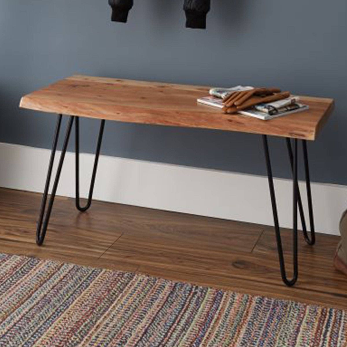 Alaterre Furniture 36" Hairpin Live Edge Bench: Industrial Mid-Century Modern, Metal & Acacia, 300 lb Capacity - thumbnail 10