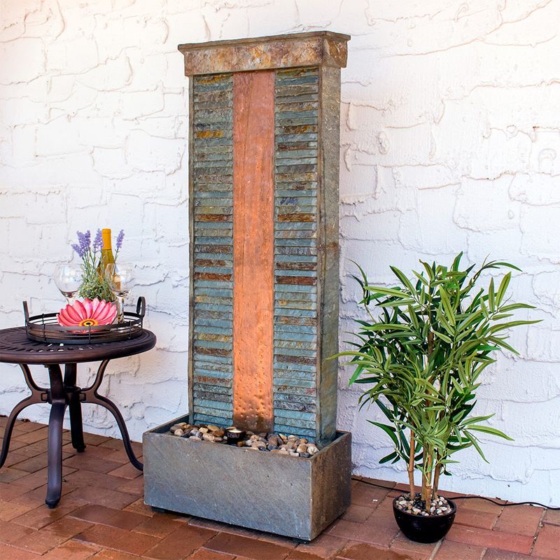 Sunnydaze 48"H Electric Natural Slate with Copper Accents Rippled Column Outdoor Water Fountain with LED Spotlight, 3 of 12