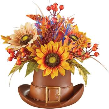Collections Etc Harvest Fiber Optic Floral Pilgrim Hat Centerpiece 11 X 7 X 11.75