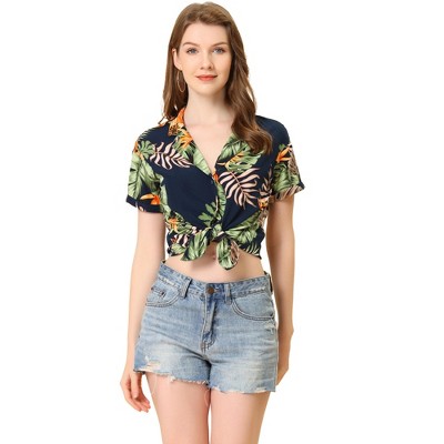 Allegra K Women's Hawaiian Floral Leaves Printed Short Sleeve Button Down Vintage Shirt