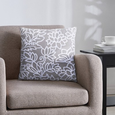 VCNY Home 18" x 18" Gray/White Chainstitch Floral Decorative Pillow: Indoor Microfiber with Rayon, Hidden Zipper