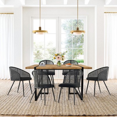 7-piece Rectangle Dining Table Set with 4 Mesh Rattan Armless Dining Chair and 2 Captain's Chair, Dining Set for 6 Person - Maison Boucle